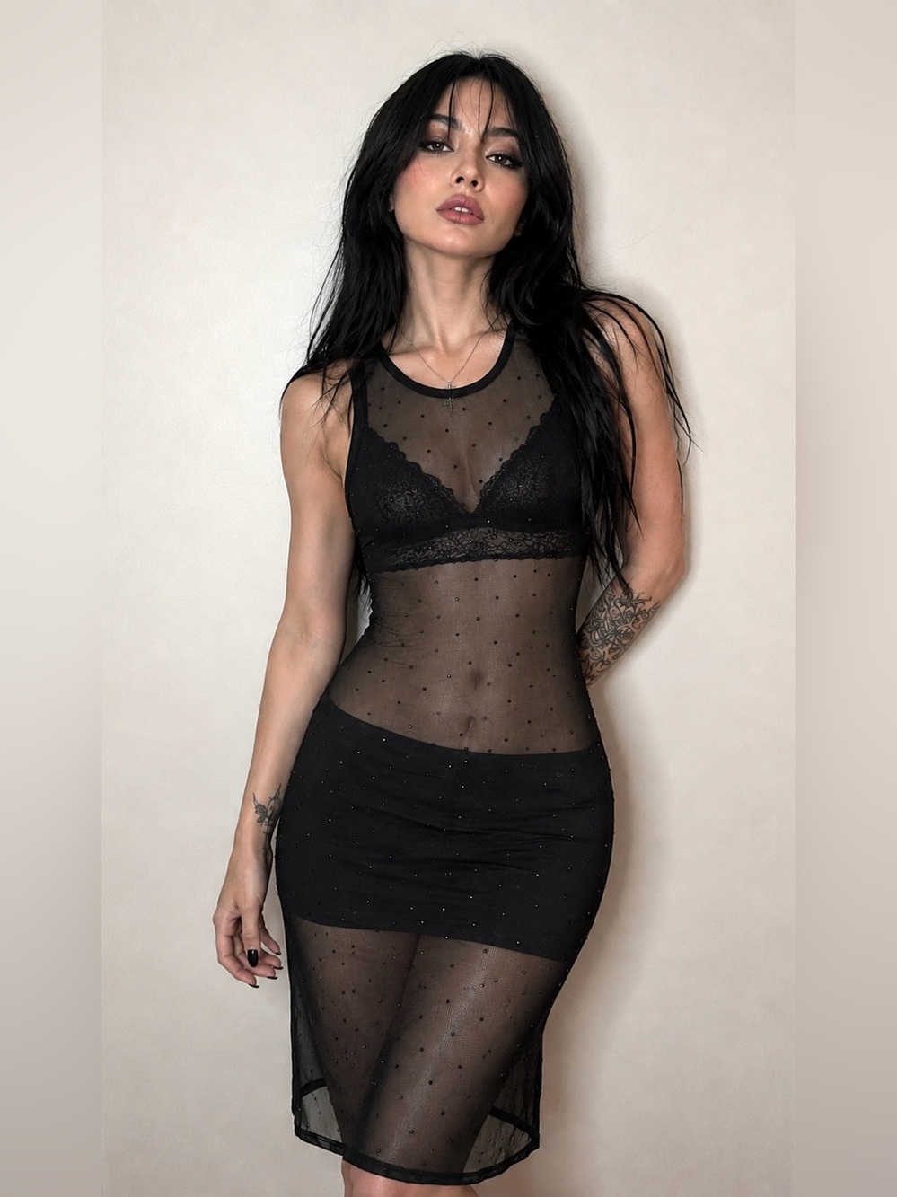 Dolls Mesh Gem Stud Slip Essential Versatile Black Dress - Women’s